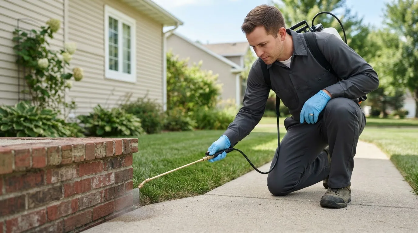 Pest control technician treating a home near Palmyra, ME